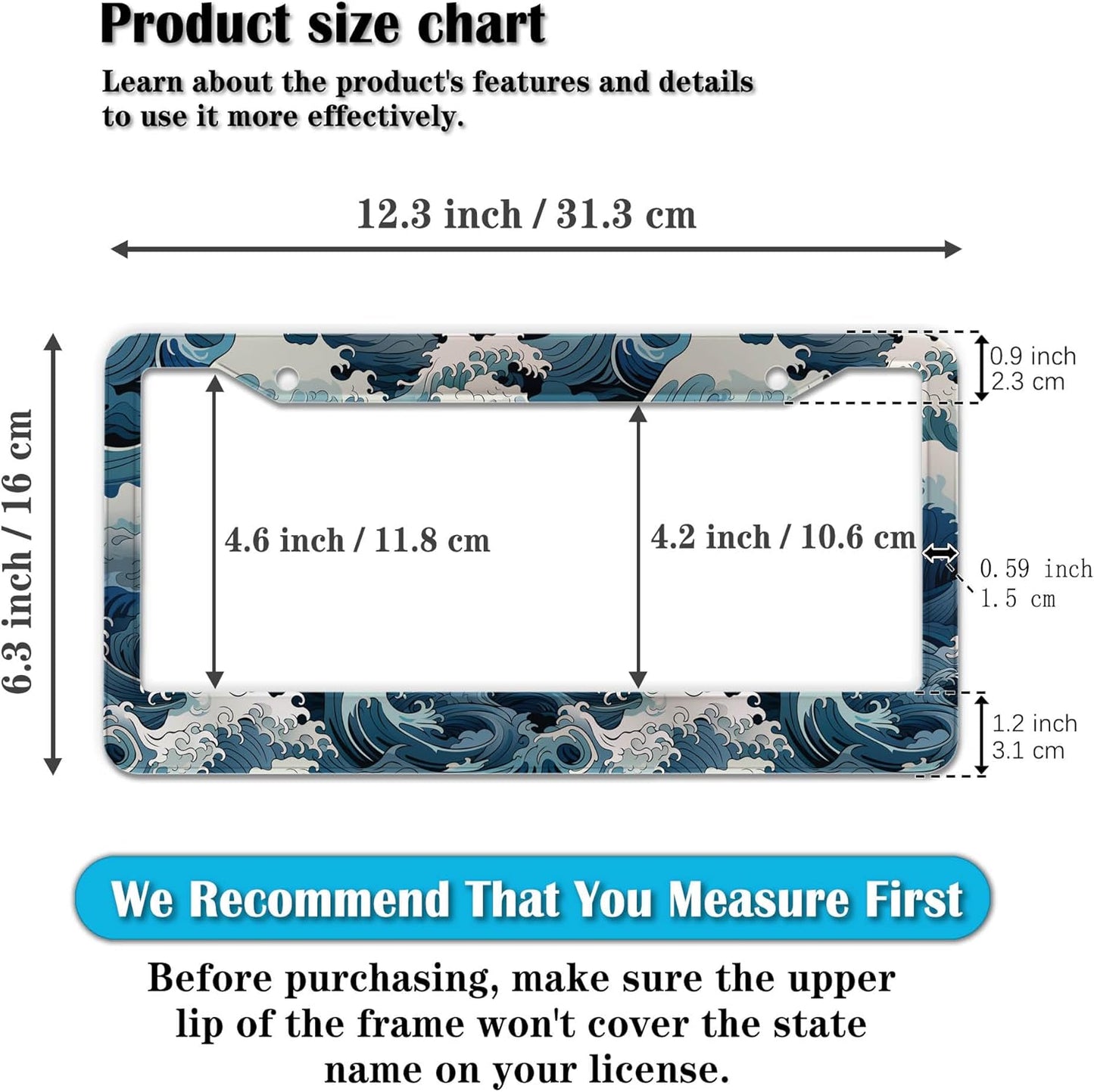 License Plate Frames for Men Multicolor License Plate Frame Holder for Women Ocean Waves Aluminum Metal Car Accessory 2 Pack with Screw Covers Set