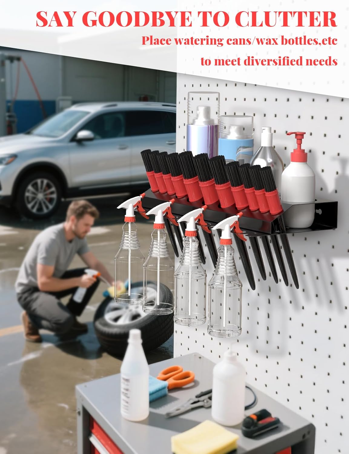 Spray Bottle Storage Rack, Wall Mount Bottle Organizer Car Detailing, Detailing Brush Organizer, Car Beauty Shop Accessory Display, 3/8" Air Tool Holder for Garage and Workspace, 1Pcs, Black