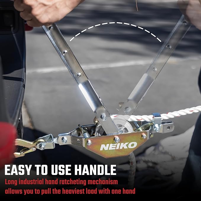 NEIKO 02250A Rope Puller, 3/4-Ton (1,500 lbs) Pulling Capacity, 98Ft, 2 Hook, Heavy Duty Power Cable Come Along Tool with Dual Gears, Hand Winch Cable, Automotive Hoist Winch Puller, Recovery Gear