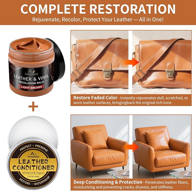 Leather Recoloring Balm with 100ml Mink Oil, Light Brown Leather Repair Kit and Scratch Remover for Furniture, Car Seats, Sofas, Dye & Restorer for Couches, Vinyl, PU, Faux
