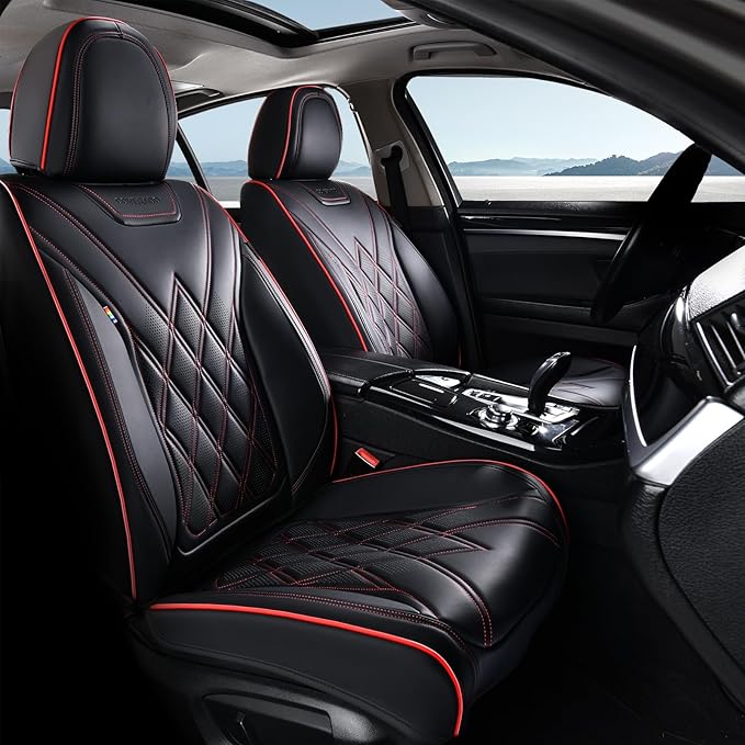 Coverado Car Seat Covers, Front Covers for Cars, Car Seat Cover Front Seats, Automotive Seat Cover, Waterproof, Leather Car Seat Cushion, Universal Interior Seat Protectors for Most Cars Black-Redline