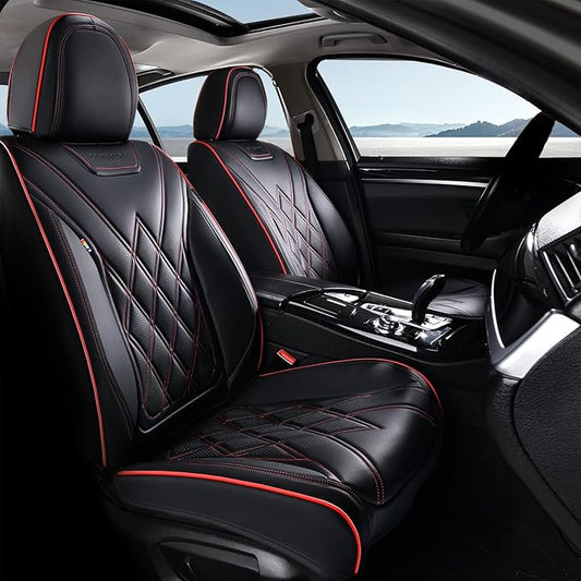 Coverado Car Seat Covers, Front Covers for Cars, Car Seat Cover Front Seats, Automotive Seat Cover, Waterproof, Leather Car Seat Cushion, Universal Interior Seat Protectors for Most Cars Black-Redline