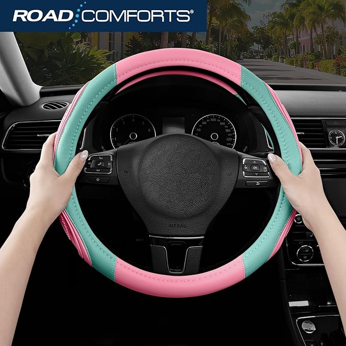 Road Comforts Car Steering Wheel Cover - Microfiber Leather Steering Wheel Wrap Sports 14.5-15 Inch Steering Wheel Cover Non-Slip for Men Women Pink & Green Color