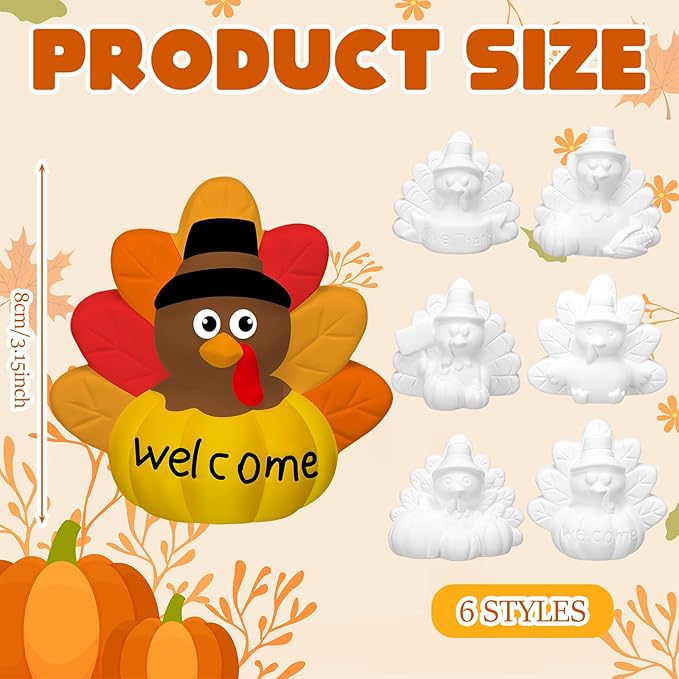 Eersida 6 Sets Thanksgiving Turkey Ceramics to Paint Ready to Paint Your Own Ceramic Turkey Statues DIY Unpainted Ceramics Paintable Thanksgiving Figurines Kit Crafts with Brush Palette