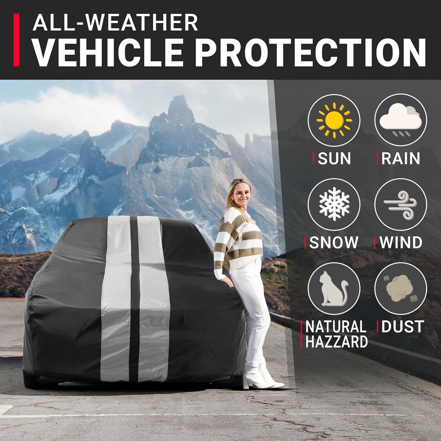 iCarCover Premium Plus Car Cover for 1964-1967 Chevy El Camino Waterproof All Weather Rain Snow UV Sun Hail Protector for Automobiles, Full Exterior Indoor Outdoor Car Cover (Stripe - Black/Gray)
