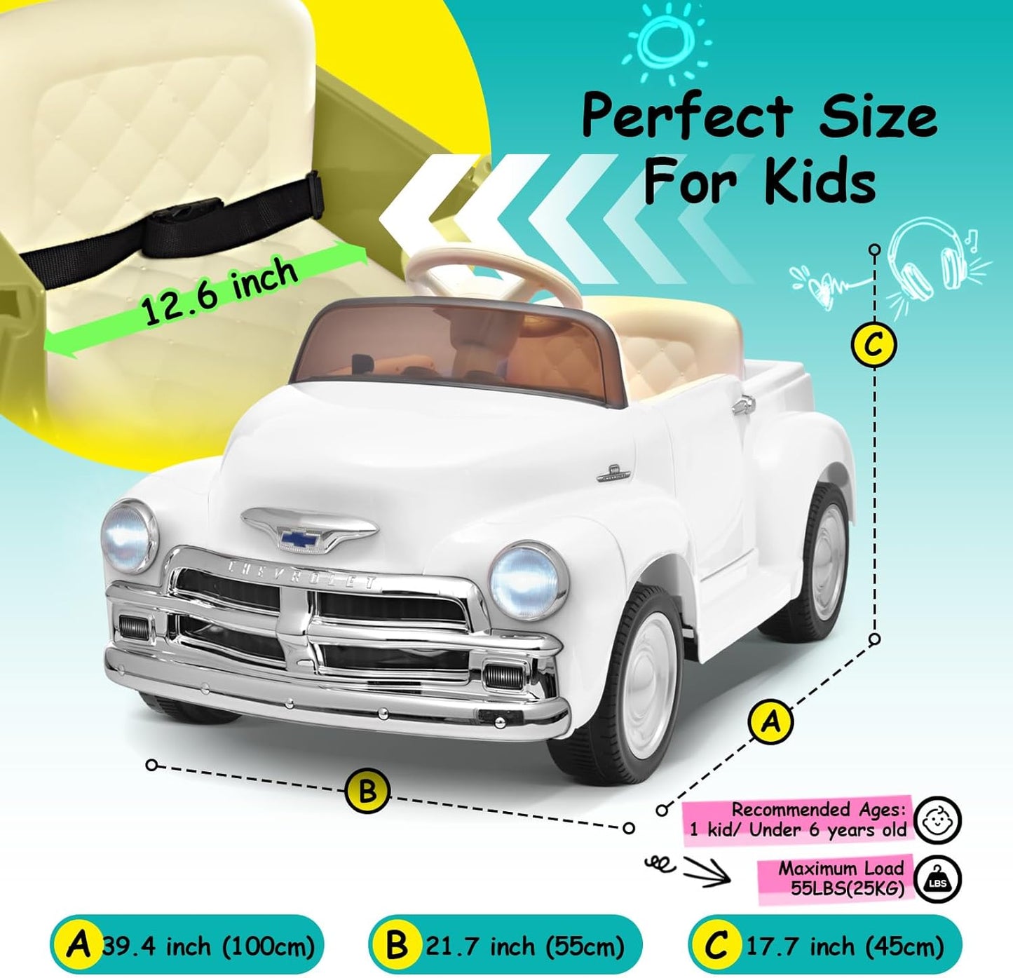 Joywhale 12V Kids Ride on Car Licensed Chevrolet 3100 Pickup Battery Powered Motorized Electric Car, with 7AH Big Battery, 2.4G Remote Control, 3-Speeds, Storage Space, Music, Retro Style, White