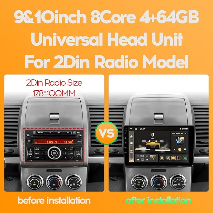 10'' 8Core 4+64GB QLED Full Touch Android Double Din Car Stereo Radio Audio Video Player with Apple CarPlay Android Auto 4G&WiFi DSP FM&AM BT MirrorLink Split Screen PIP GPS Navigation