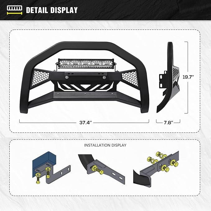 for Frontier Bull Bar Front Brush Guard with LED Light Bar & License Plate Frame Compatible with 2005-2021 Nissan Frontier, Truck Guard Grille Bumper Push Bar (Include Light Mount & Skid Plate)