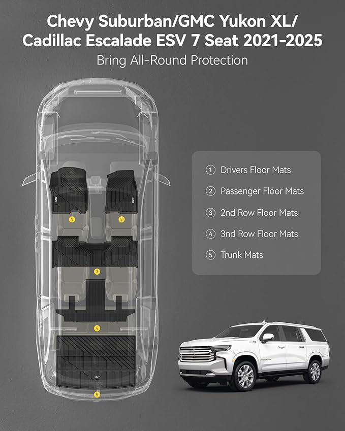3W Floor Mats & Cargo Liner for 2021-2025 Chevy Suburban (Only 7 Seats (Not Fit 8/9 Seats) / Yukon XL (Not Fit Yukon) /Escalade ESV 7 Seat, TPE All Weather Custom Fit Full Set Car Liner,Bucket Seat