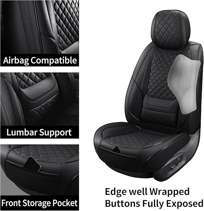 Leather Front Seat Covers for Cars Breathable Seat Covers Waterproof Seat Protectors Universal Fit for Most Automotive Cars SUV Trucks Van (Black, Front Pair)