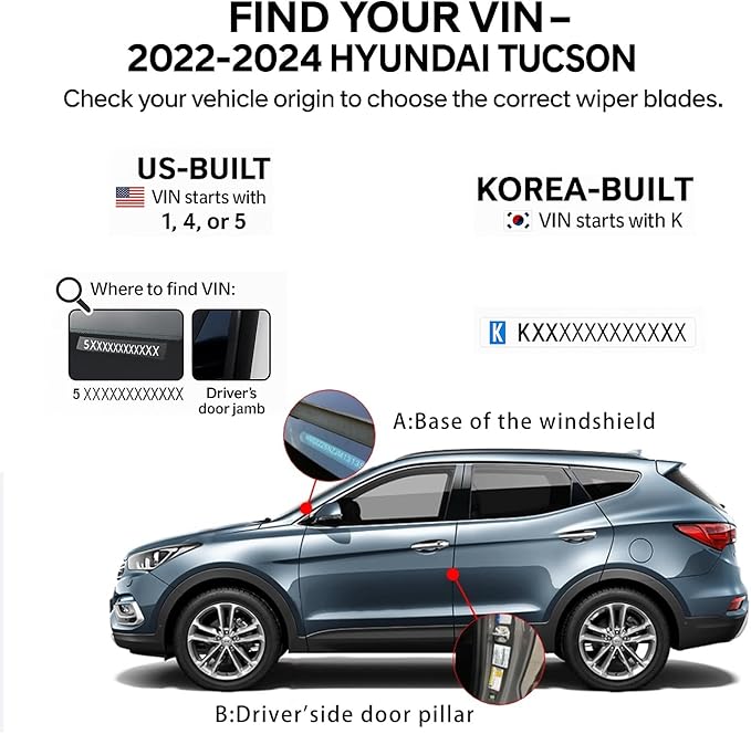 Windshield Wiper Blades for 2022 2023 2024 Hyundai Tucson - Complete Set Front & Rear (Korea Built 26"+16"+11") Premium All-Season Wipers