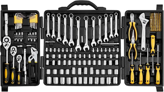 VEVOR Mechanics Tool Set 207 Pieces 1/4" 3/8" 1/2" Drive Sockets -SAE and Metric Mechanic Tool Kit with Bits - Wrenches, Ratchet Handle, Accessories, and Plastic Storage Case - for Automotive Repair