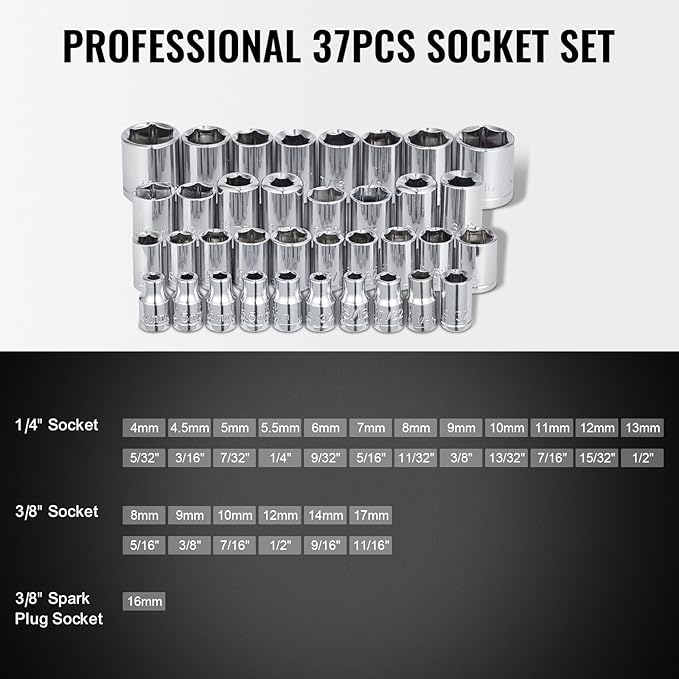VEVOR Mechanics Tool Set 221Pieces - 1/4" and 3/8" Drive Sockets - SAE and Metric Mechanic Tool Kit with Bits - Wrenches, Ratchet Handle, Accessories, and Plastic Storage Case - for Automotive Repair