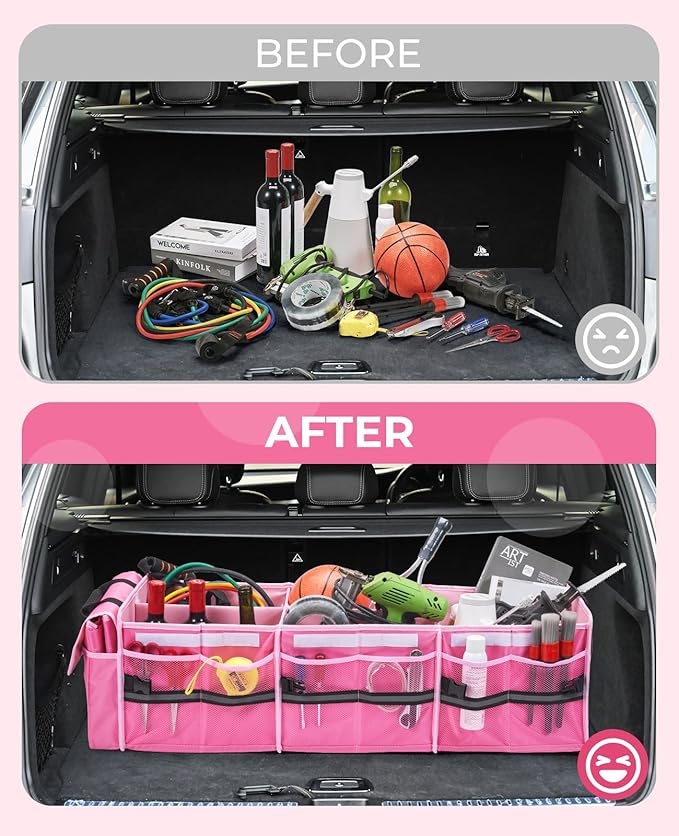 HIRALIY 4 in 1 Car Trunk Storage Organizer, Multi Compartment Foldable Trunk Storage Box with Leakproof Cooler Bag for Car Truck SUV