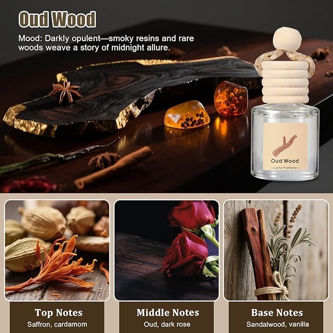 Car Air Freshener Oil Diffuser - Hanging Long Lasting Scent for Car & Home, Essential Oil Freshener with Adjustable Fragrance (Lavender+Red Roses+Oud Wood+Amber Allure)