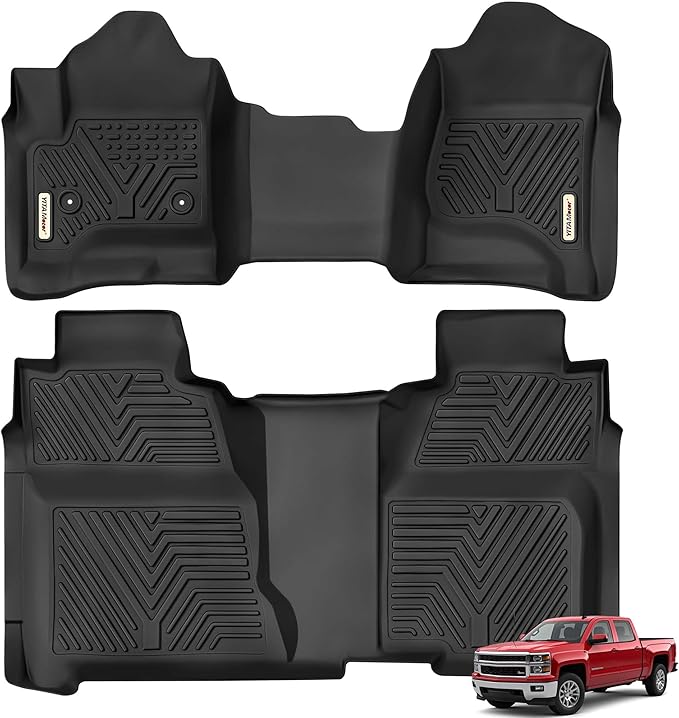 YITAMOTOR Floor Mats Compatible with 2014-2018 Silverado/Sierra 1500, 2015-2019 2500HD/3500HD Crew Cab, with 1st Row Bench Seat, Custom Fit Black TPE Floor Liners 1st & 2nd Row All-Weather Protection