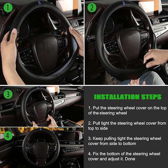 Genuine Leather Steering Wheel Cover for Men Women with Upgraded Silicone Inner Ring, Non-Slip, Breathable, Odorless, Universal 14.5-15 Inch (Blue U, Microfiber Nappa Leather)