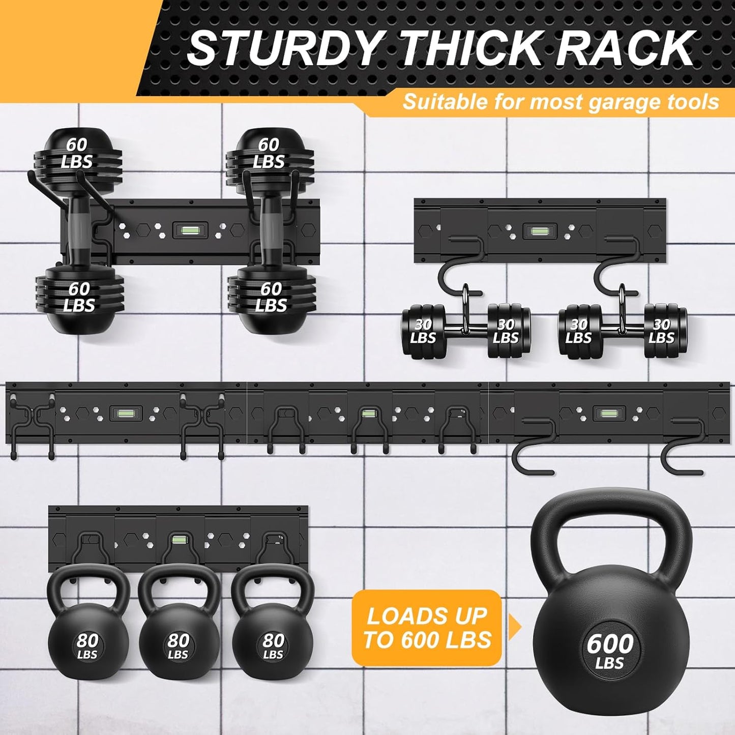 Garage Tool Organizer Wall Mounted, 48 Inches Adjustable Lawn Tool Organizers for Garage, 7 Adjustable Wall Hooks Heavy Duty Yard Tool Organizer Hold Up to 600lbs