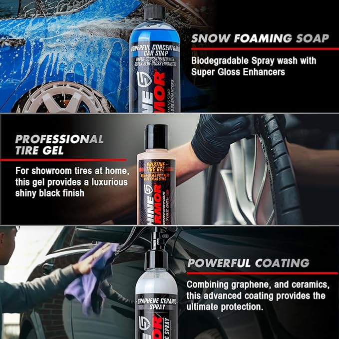 Wash and Shine Premium Car Cleaning Starter Kit - Spray Wash Soap, Tire Shine Gel, and Ceramic Spray