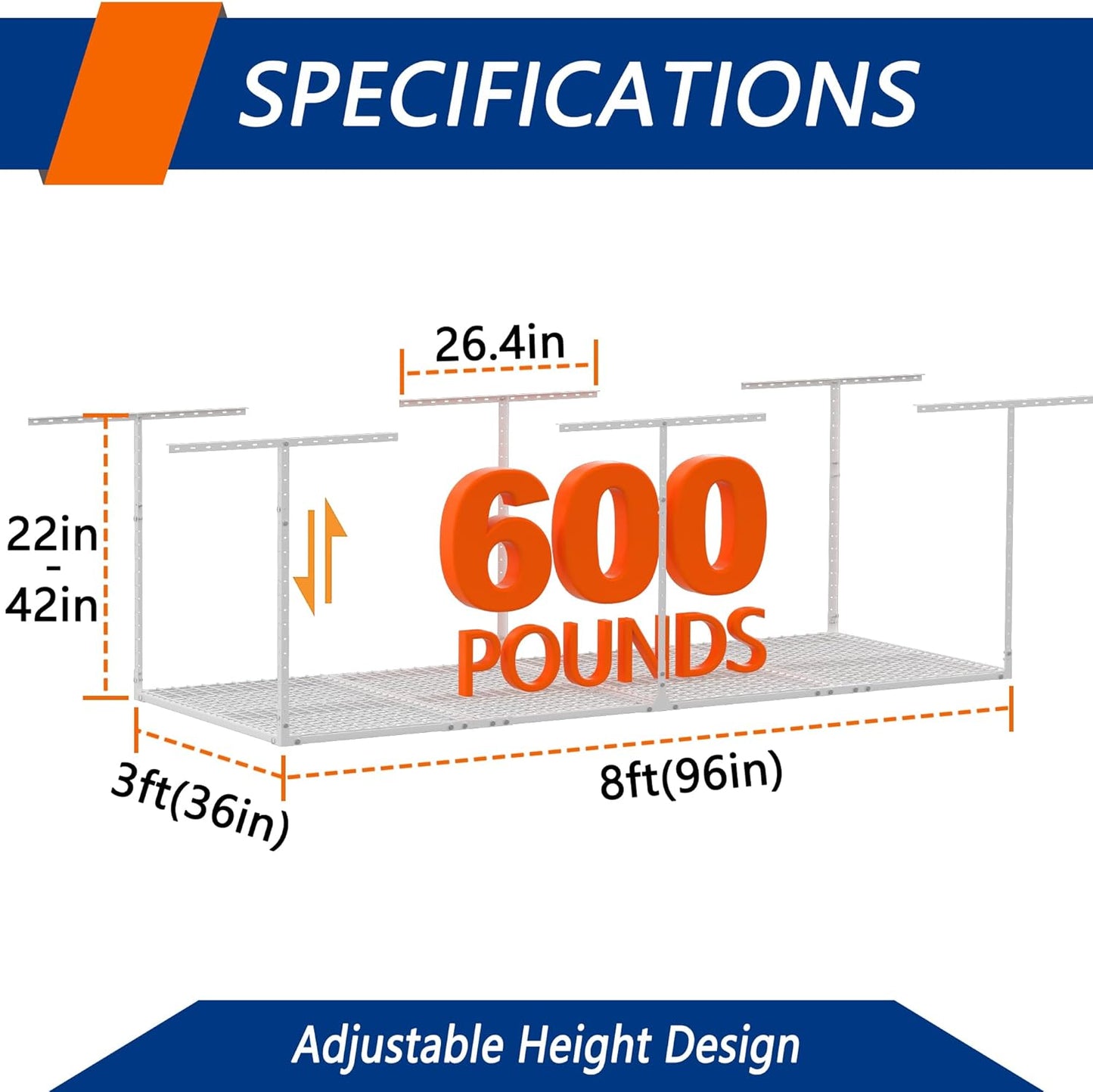 3 x 8FT Overhead Garage Storage Rack,Adjustable Ceiling Storage Racks,Garage Shelving Heavy Duty Storage Organizer System,600lbs Weight Capacity(White)