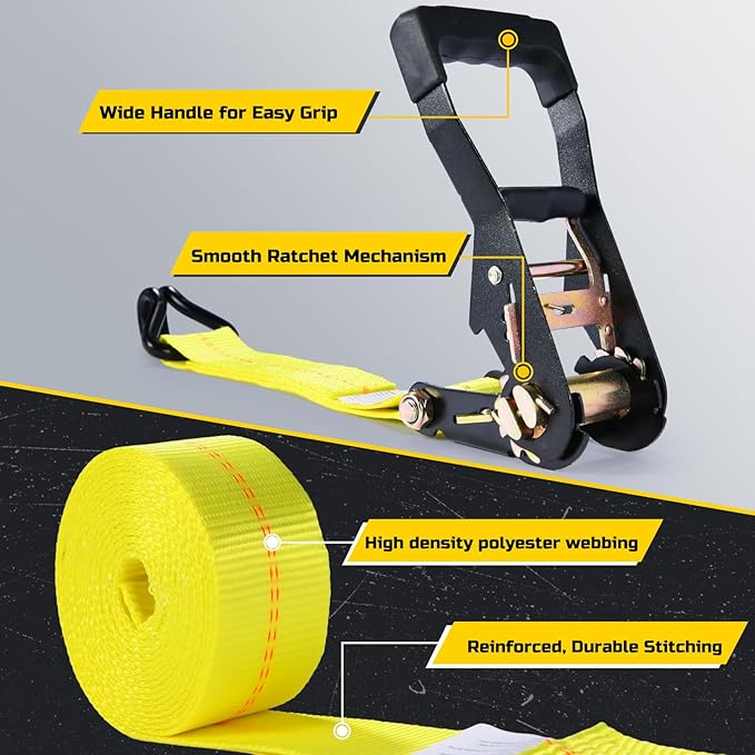 Trekassy 2" x 27' Heavy Duty Ratchet Straps (10,000 Lbs Break Strength), Tie Down Ratcheting with J-Hooks, Cargo Straps for Trucks, Trailers & Moving Appliances - 4 Pack
