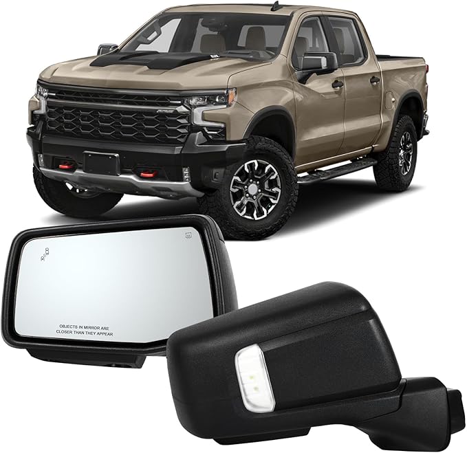 OCPTY A Pair Of Towing Mirror Fit For 2019 2020 2021 2022 2023 For Chevrolet Silverado 1500 With Power Heated Light On Cover Puddle Light Blind Spot Light Temp Sensor Power Folding Black Texture