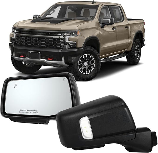 OCPTY A Pair Of Towing Mirror Fit For 2019 2020 2021 2022 2023 For Chevrolet Silverado 1500 With Power Heated Light On Cover Puddle Light Blind Spot Light Temp Sensor Power Folding Black Texture
