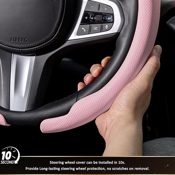 Aimato Nappa Leather Steering Wheel Cover, Ultra-Thin Car Steering Wheel Cover,Comfortable & Breathable Microfiber,Universal Fit for Most Cars,Pink
