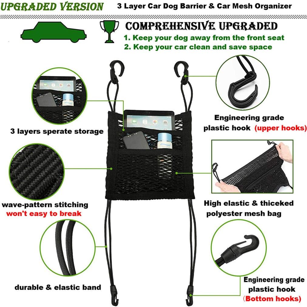 DYKESON Pet Barrier Dog Car Net Barrier with Auto Safety Mesh Organizer Baby Stretchable Storage Bag Universal for Cars, SUVs -Easy Install,Safer to Drive with Pets and Children, 3 Layer M