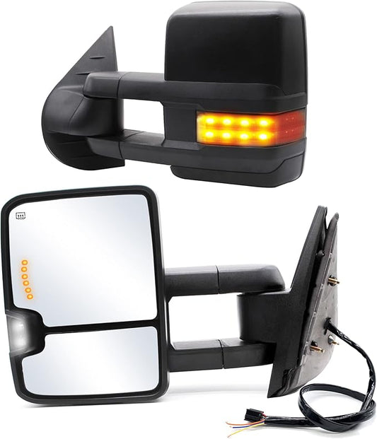 ReYee Towing Mirrors fit for 2007-2014 Chevy Silverado 1500 2500 3500 Tahoe Suburban GMC Yukon Sierra with Power Heated Turn Signal Light Arrow Signal On Glass Manual Telescoping Folding Black Cap