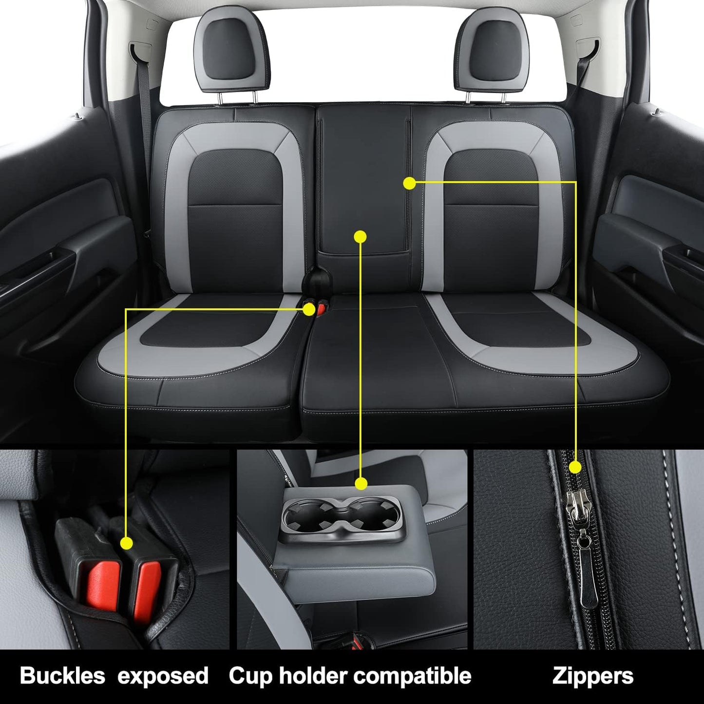 LUCKYMAN CLUB Chevy Colorado Seat Covers, fit for 2015-2022 Colorado Crew Cab Z71 LT ZR2 Work Truck with Faux Leather (Black&Gray)