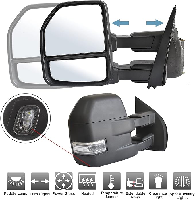 ReYee Towing Mirrors fit for 2015 2016 2017 2018 2019 2020 Ford F150 Pickup Truck Heated Power Turn Signal Puddle Lamp Auxiliary Light Temperature Sensor Manual Extendable Fold Black 22 Pin Plug