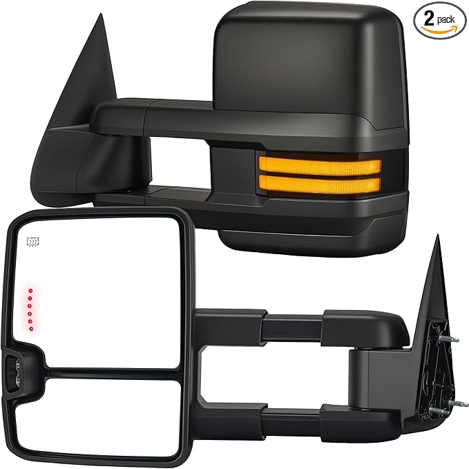 Tow Mirrors Compatible with 2003-2007 Chevy Silverado GMC Sierra, Extended Trailer Towing Side Mirrors with Sequential Switchback Turn Signal, Backup Light, Power Heated Adjustable, Black