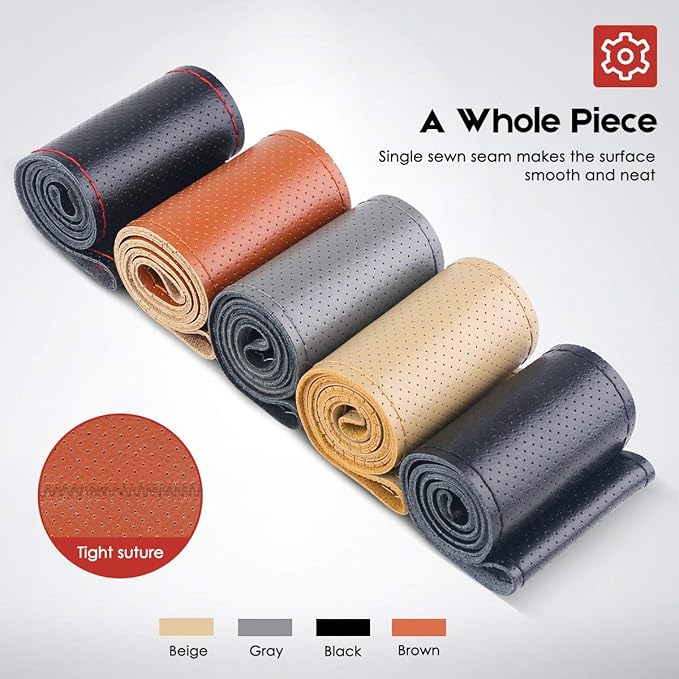 BELINOUS Universal Leather Car Steering Wheel Cover, Stitch On Wrap (Size M2, Gray)