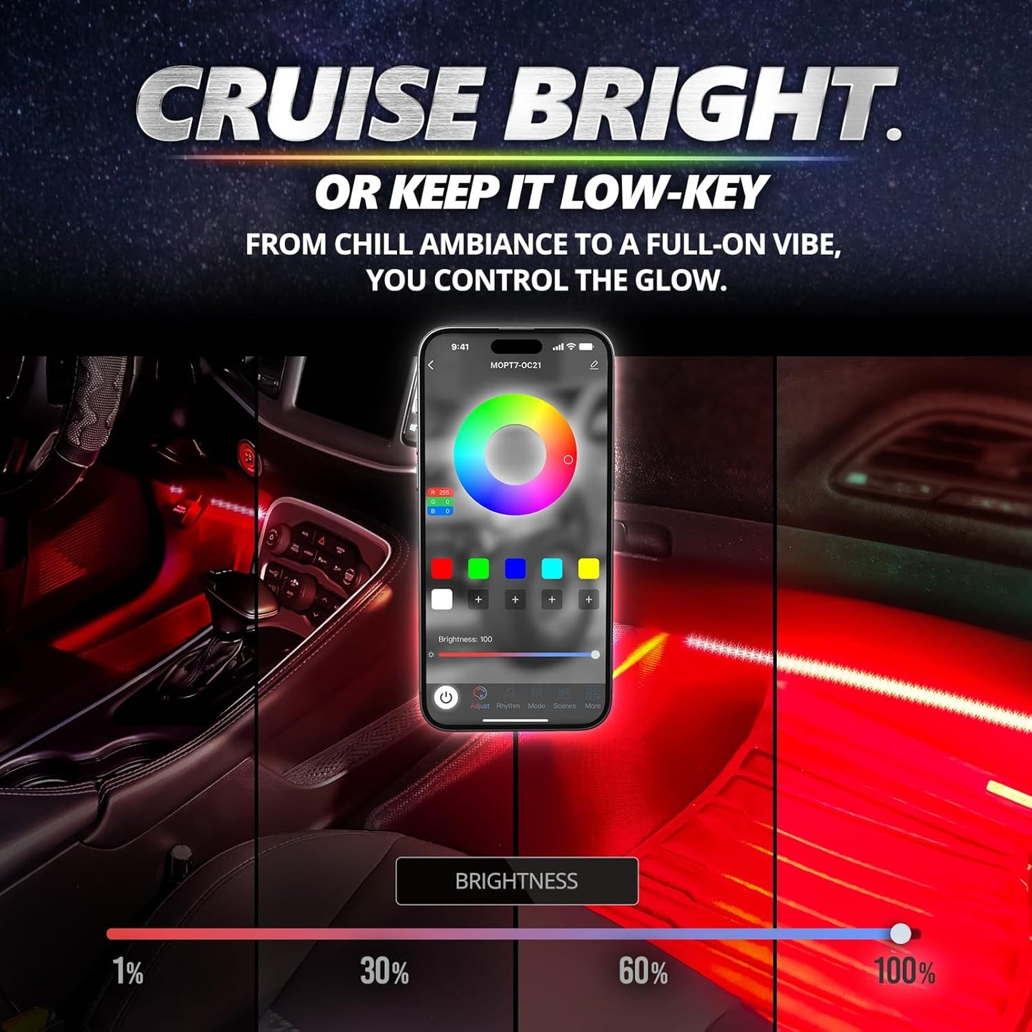 OPT7 Aura Pro 6PC Interior Lights for Truck SUV RV with App & Remote Control, Multicolor Mode, Music Sync Neon Accent Lighting Kit, Under Dash Decor, 12V Car Charger, Single Row LED Strip