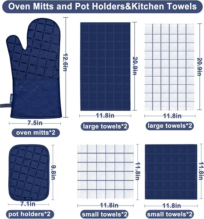 Oven Mitts Pot Holders Sets/Kitchen Towels and Dishcloths, Oven Gloves Kitchen Dish Towels 500 Degree Heat Resistant Potholders with Non-Slip Silicone Surface for Cooking, Grilling, Baking-Marine Blue