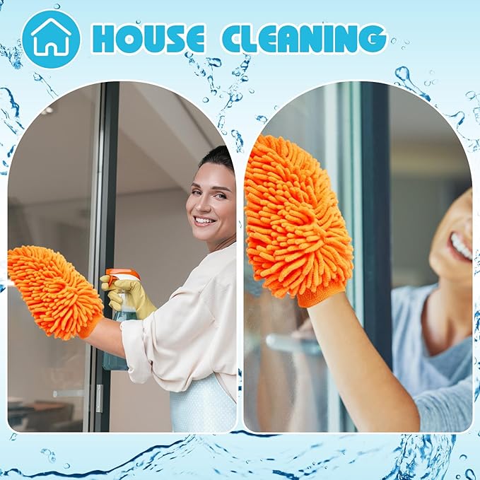 Toulite 16 Pcs Car Wash Mitt Chenille Microfiber Wash Mitt Double Sided Glove Cleaning Drying Mitts(7.48 x 10.24 Inch,Orange)