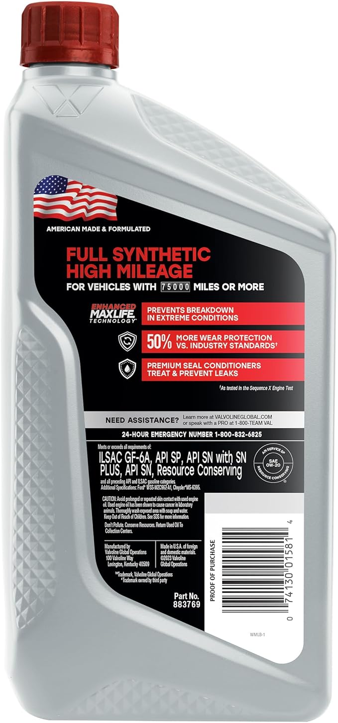 Valvoline Full Synthetic High Mileage with MaxLife Technology SAE 0W-20 Motor Oil 1 QT (Packaging May Vary)