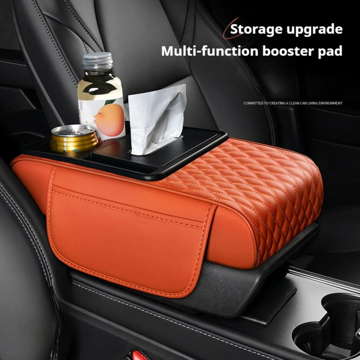 Center Console Cover Organizer, 5-In-1 Arm Rest Cover for Car with Cup Holder & Storage Pocket & Tissue Holder, Armrest Cover Cushion Pad, Water Ripples, Orange