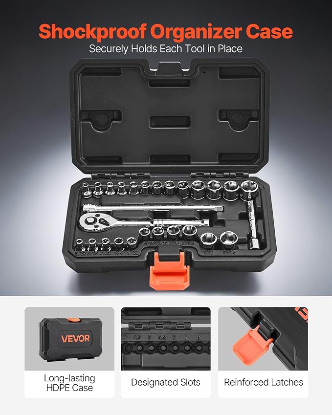 VEVOR Socket Set, 27 Pieces, 1/4 inch Drive Socket and Ratchet Set, SAE and Metric, Mechanic Tool Kit with Ratchet Wrench, Extension Bar and Storage Case, CR-V Alloy Steel, for Automotive Repair