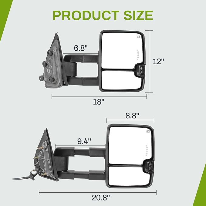 AUTOSAVER88 Towing Mirror Compatible with 2014-2018 Silverado Sierra 1500, 2015-2019 Silverado Sierra 2500 HD 3500 HD, Power Heated Switchback LED Turn Signal (Chrome inside) Manual Telescoping Black