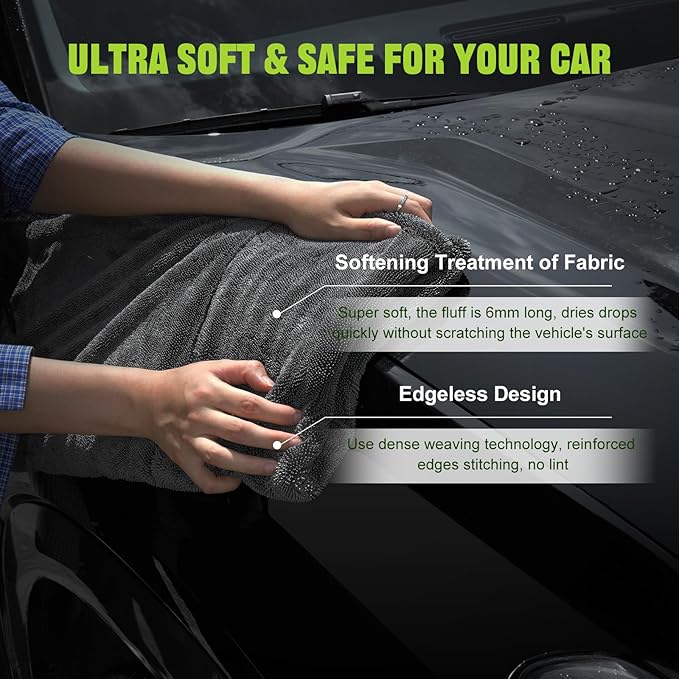 2 Pack 1300 GSM Car Drying Towel, Microfiber Towels for Cars - 36" x 24" & 16" x 16", Ultra-Absorbent, Streak Free, Premium Double Twisted-Loop Microfiber Cleaning Cloth with Car Wash Mitt
