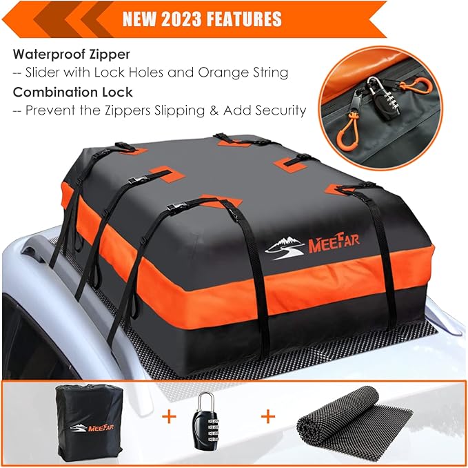 MeeFar Car Roof Bag XBEEK Rooftop top Cargo Carrier Bag 20 Cubic feet Waterproof for All Cars with/Without Rack, Includes Anti-Slip Mat, 10 Reinforced Straps, 6 Door Hooks, Luggage Lock