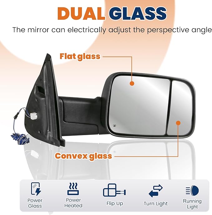 Pair Black Power Heated Towing Mirrors Compatible for 2002-2008 Dodge Ram 1500/2003-2009 Ram 2500 3500 w/White DRL, Led Turn Light