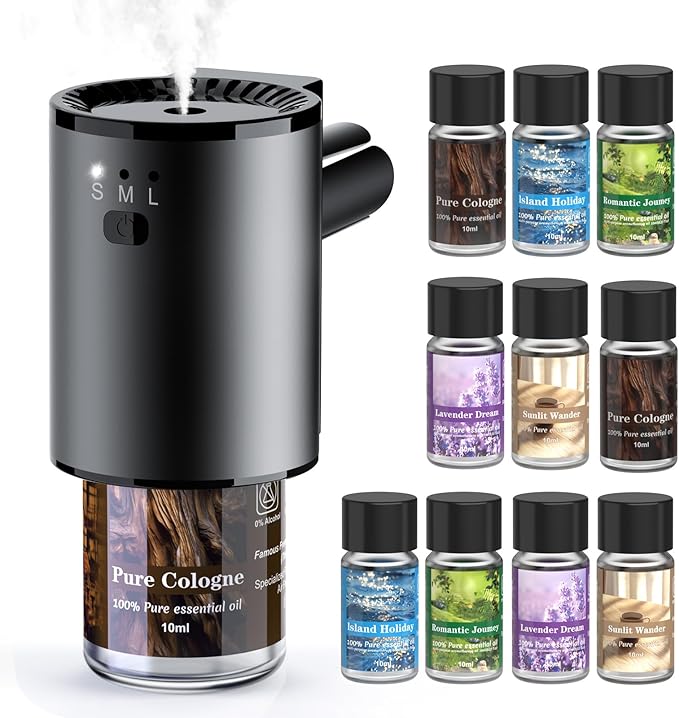 Car Air Freshener, Smart Car Air Freshener for Vent Clips, 1200 Sprays Per Charge, Car Fresheners with Auto On/Off, 5 Scents, 10 Refill Bottles (1Pack)