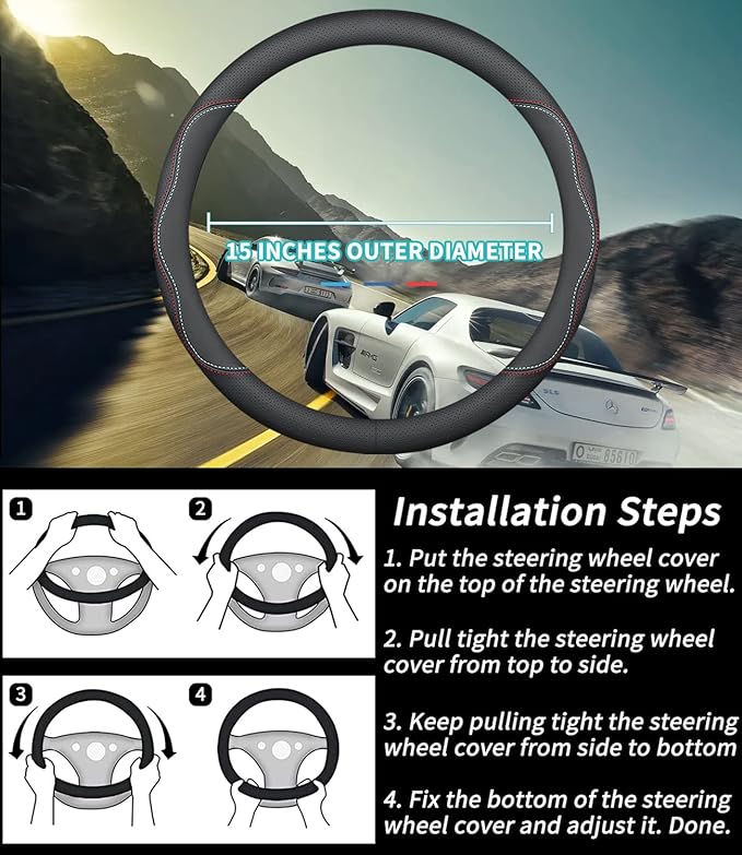 Custom-Fit for Audi Steering Wheel Cover, Premium Leather Car Cover with Logo, Non-Slip, Breathable, Accessories (A-Style,for Audi)