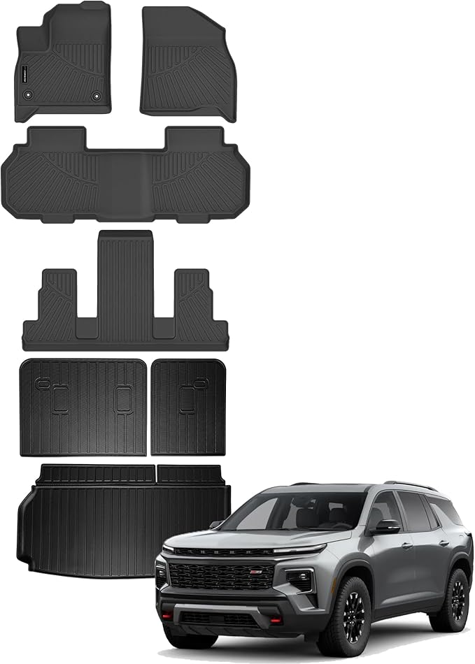 AUXKO All Weather Floor Mats Cargo Mat Backrest Mat Fit for 2024 2025 2026 Chevy Traverse & GMC Acadia 7 Seat/2025-2026 Buick Enclave TPE Liner Accessories Odorless Anti-Slip Black