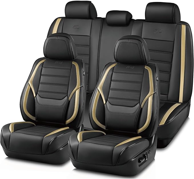 Skechers MAX Cushioning Seat Covers,Memory Foam Leather Car Seat Covers,Waterproof Car Seat Protector Full Sets,Car Seat Cushion Airbag Automotive Universal Fit for Most Cars,Vans,Trucks,SUV,Beige