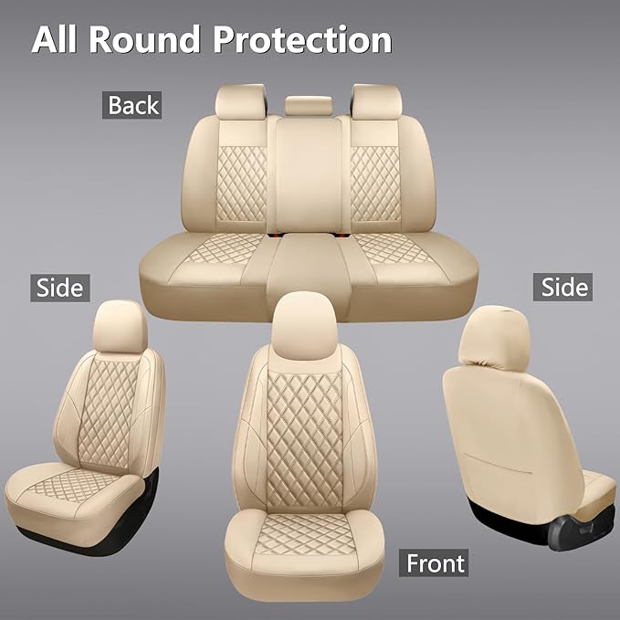 Premium Leather Car Seat Covers Full Set,Universal Fit for Cars,Trucks&SUVs,Waterproof Car Seat Cushion,Full Coverage Car Seat Protector with 5 Seats,Beige