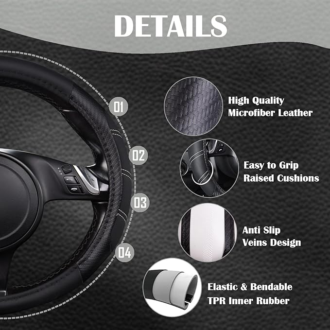 CAR PASS Line Rider Microfiber Leather Sporty 14.5-15 inch Steering Wheel Cover Universal Fits for 95% Truck,SUV,Cars, Anti-Slip Safety Comfortable Design (Black Carbon Fiber)